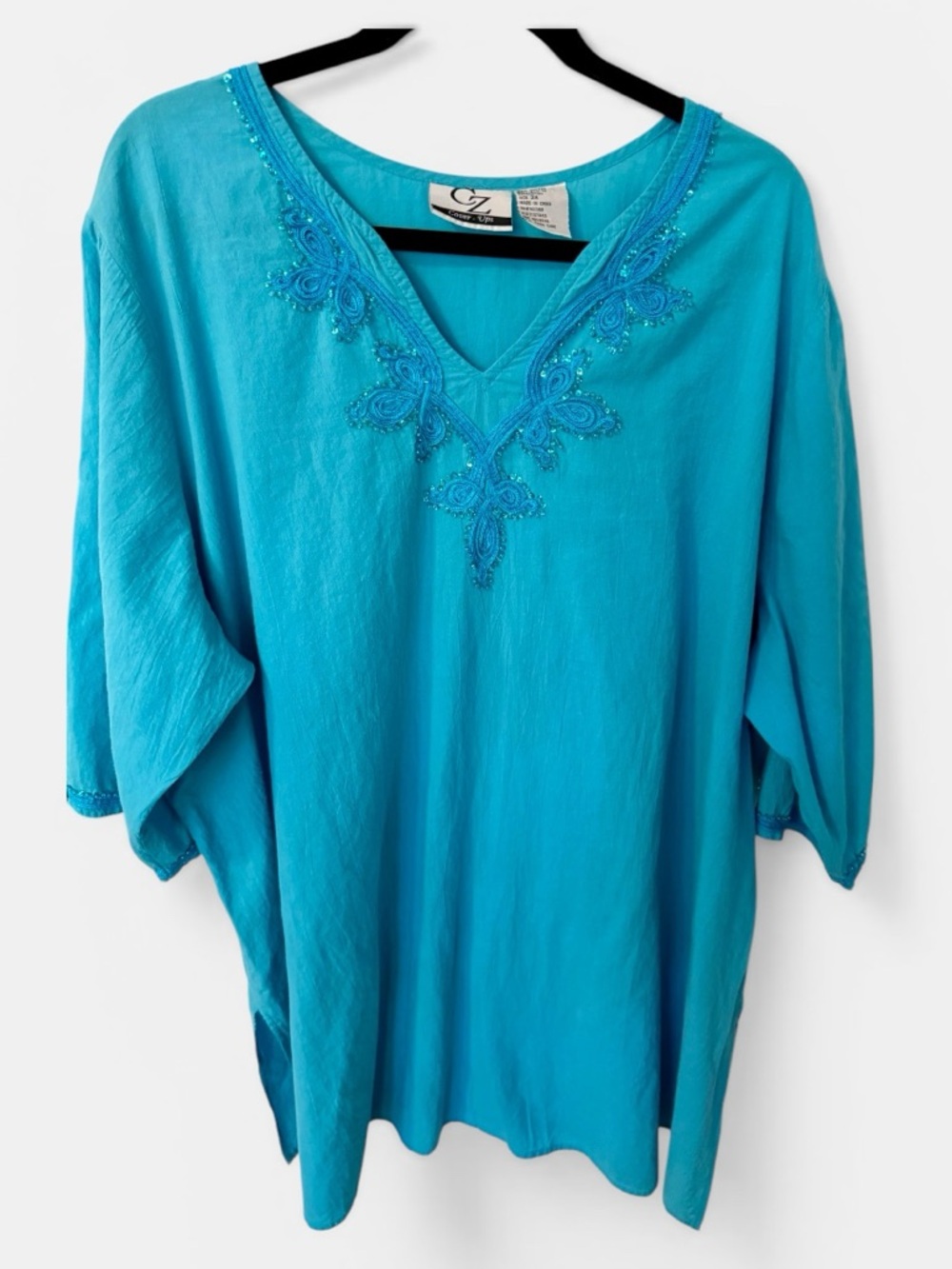 CZ Cover-Ups Turquoise 100% Cotton Sequin Tunic - Plus Size 3X - Resort Wear